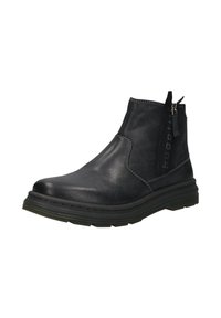 Schwarze Leder-Stiefelette mit strukturiertem Sohlenprofil, seitlichem Reißverschluss und markiertem Zugriemen am äußeren Knöchel.