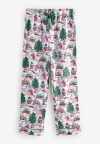 Bomullspyjamasbyxor med ett festligt tryck av gröna träd, röda dekorationer och julscener, med resårmidja och grön dragsko.