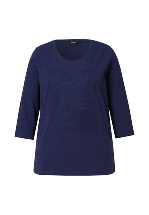 Marineblauw langesleevetrui met een ronde hals en een subtiel bladenpatroon in kleine donkere versieringen aan de voorkant.