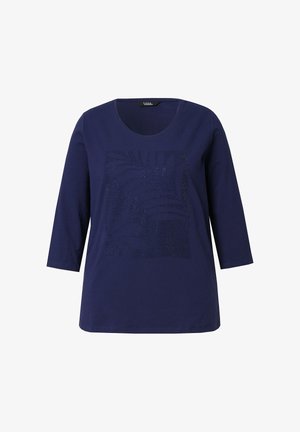 Mørkeblå langærmet skjorte med rund hals og diskret bladmønster i små mørke detaljer på forsiden.