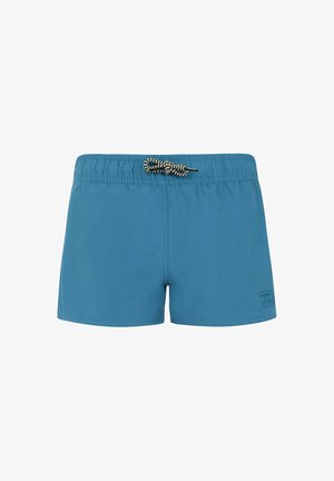 Turkoosi uimapuvut, jotka on valmistettu kevyestä kankaasta. Niissä on elastinen vyötärö, jossa on musta-valkoinen nyöri ja pieni logo-yksityiskohta.