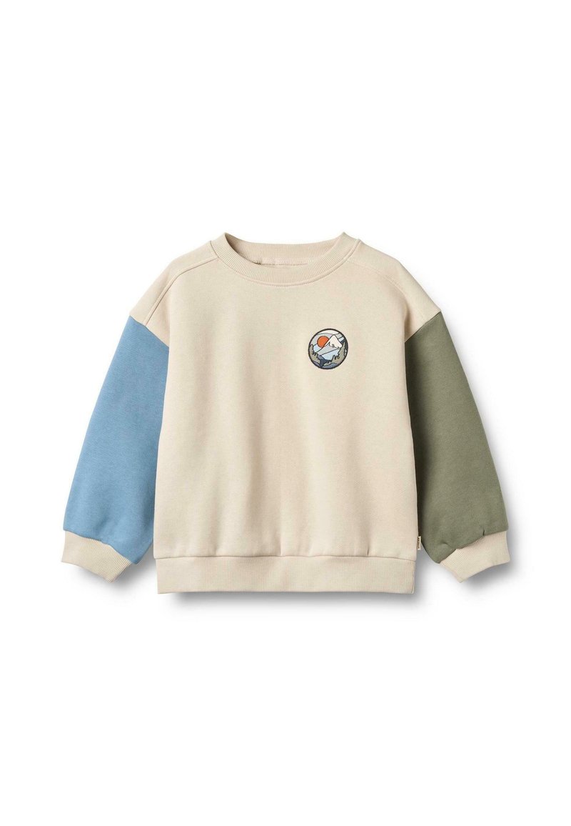 Felpa beige con accenti blu e verdi, caratterizzata da una patch grafica a forma di montagna sul petto e polsini e orlo a coste.