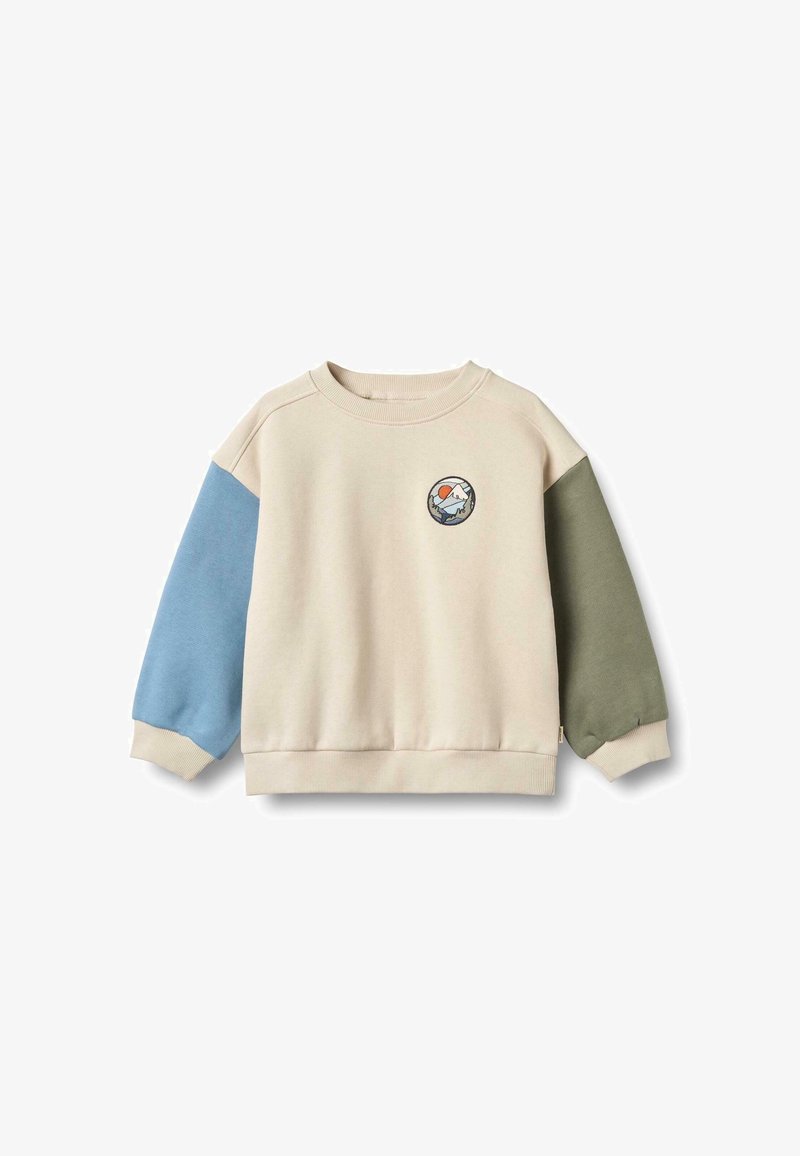 Beige sweatshirt with blue and green accents, featuring a round mountain graphic patch on the chest and ribbed cuffs and hem.