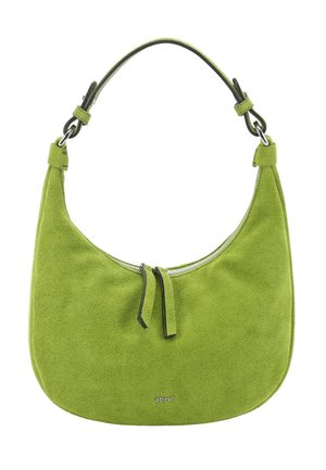 Grüne Schultertasche aus Wildleder mit silbernem Reißverschluss, verstellbarem Riemen und kleinem "abro"-Logo in der vorderen Mitte.