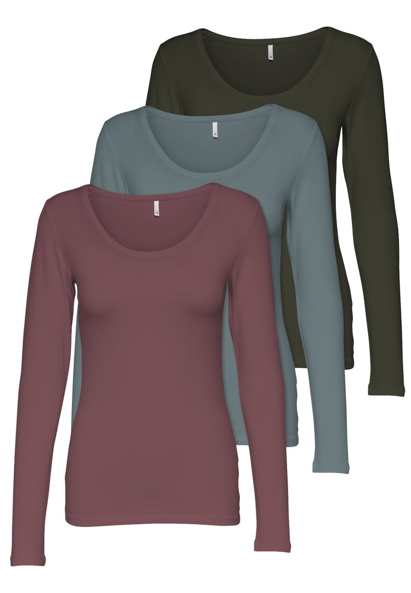 Langärmlige T-Shirts in Burgunderrot, Teal und Dunkelgrün. Weicher Stoff mit einem Rundhalsausschnitt und tailliertem Design.