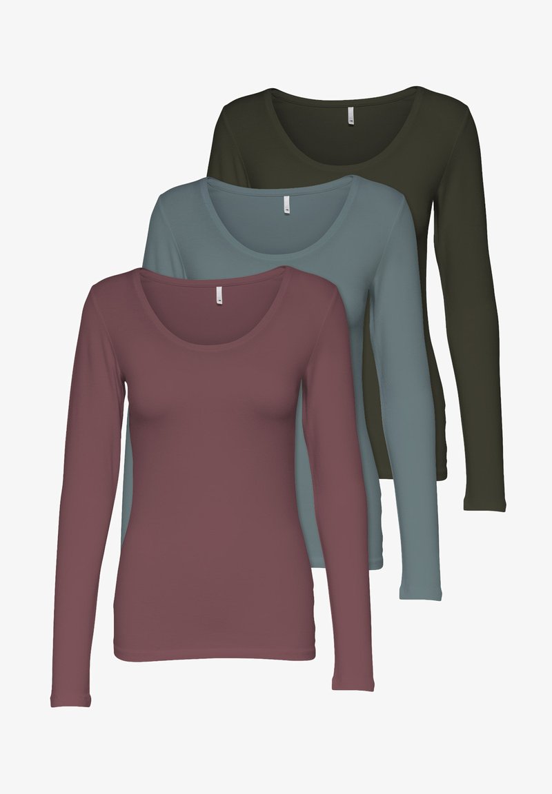 Langärmlige T-Shirts in Burgunderrot, Teal und Dunkelgrün. Weicher Stoff mit einem Rundhalsausschnitt und tailliertem Design.