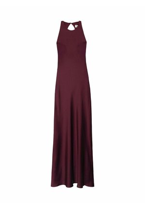 Vestido sin mangas burdeos con diseño de espalda en forma de ojal. Hecho de una tela suave, cae hasta el suelo con un cuerpo ajustado y una falda acampanada.