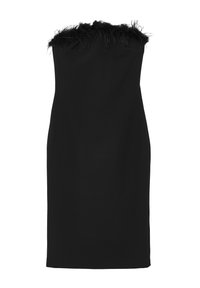 Robe noire sans bretelles avec un accent en plumes texturé au niveau du décolleté. Tissu lisse avec une silhouette ajustée.