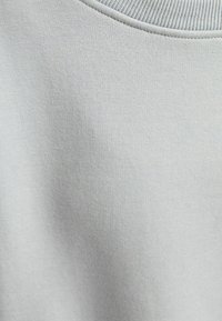 Lichtgrijs sweatshirtstof met een gladde textuur, voorzien van een geribbelde halsafwerking en een gelijkmatige, consistente oppervlakte overal.