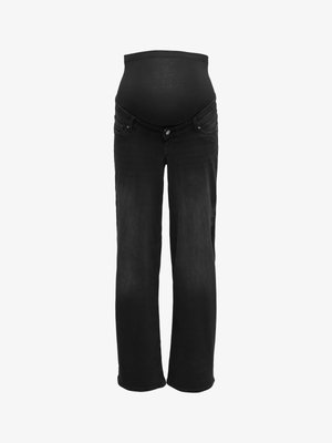 Zwarte zwangerschapsjeans met een elastische tailleband ontworpen om een zwangere buik te accommoderen, vooraanzicht op een effen achtergrond.