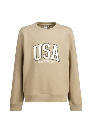 Beige langærmet sweatshirt med ribstrikkede manchetter og kant, med store hvide USA-bogstaver og mindre tekst "New York City" nedenunder.