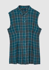 Canotta realizzata in tessuto testurizzato con un motivo a scacchi teal e nero, con chiusura a bottoni e un design del colletto classico.