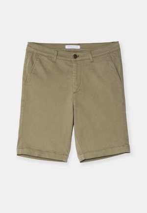 Khaki shorts made of cotton blend, featuring a button closure, belt loops, two front pockets, and a clean hem. Smooth texture, casual design.