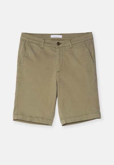 Χακί σορτς από μείγμα βαμβακιού, με κούμπωμα κουμπιού, θηλιές ζώνης, δύο μπροστινές τσέπες και καθαρή τελείωση. Λείος υφή, casual σχέδιο.