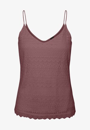 Camisola in pizzo color bordeaux con scollatura a V, spalline regolabili e orlo scallop. Presenta motivi testurizzati su tutta la superficie.