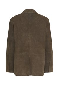 Bruine suede jas met een geknipt kraag, twee zakken en een relaxte pasvorm, van achteren weergegeven met een gladde textuur.
