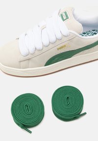 Baskets Puma Suede beige avec détail de bande verte, lacets blancs, et deux lacets verts supplémentaires roulés en dessous sur fond blanc.