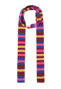 Gebreide sjaal met gedurfde, horizontale strepen in roze, paars, geel en bruin. Zachte textuur, lang, rechthoekig ontwerp.