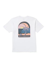 White cotton T-shirt with a graphic design featuring a sunset, palm tree, and the text "BILLABONG" in black. Short sleeves and round neck.