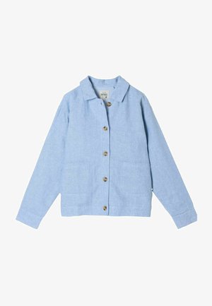 Light blue long-sleeve button-up shirt with collar and two front pockets, displayed flat against a white background.