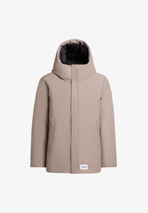 Beige színű párnázott dzseki magas gallérral és nagy kapucnival, két elülső zsebbel és márkázott címkével az alján. Simább, vízálló anyag.