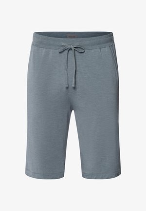 Lichtgrijze shorts van zacht materiaal, met een elastische tailleband en een trekkoord, en zijzakken voor opbergruimte.