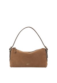 Brown suede handbag with a curved shape, thin shoulder strap, and gold logo. Zip closure and minimalistic design. Smooth texture.