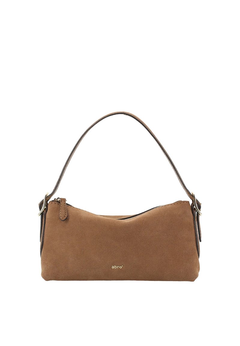 Brown suede handbag with a curved shape, thin shoulder strap, and gold logo. Zip closure and minimalistic design. Smooth texture.