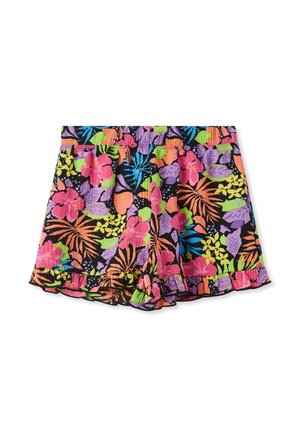 Pantaloni corti floreali realizzati in tessuto testurizzato, con un motivo multicolore di fiori rosa, viola, verdi e arancioni su uno sfondo nero.