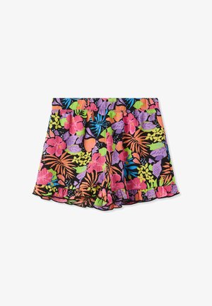 Pantaloni corti floreali realizzati in tessuto testurizzato, con un motivo multicolore di fiori rosa, viola, verdi e arancioni su uno sfondo nero.