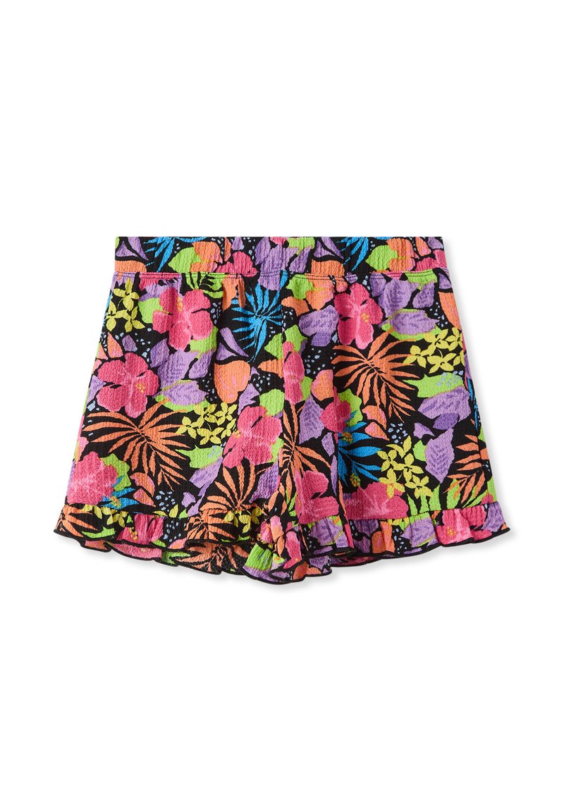Pantaloni corti floreali realizzati in tessuto testurizzato, con un motivo multicolore di fiori rosa, viola, verdi e arancioni su uno sfondo nero.