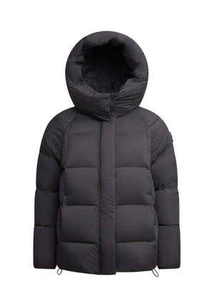 Giacca a vento nera con un ampio cappuccio, design trapuntato, chiusura frontale e cordino all'orlo. Texture liscia e isolamento spesso.