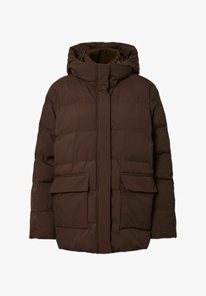 Pruuni puffertakk kõrge kraega, kahe esipocketiga ja sulgede mustriga. Kanga väljanägemine on pehme ja sooja isoleeriva omadusega.