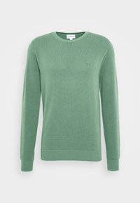 Zielony sweter na drutach z okrągłym dekoltem, długimi rękawami, prążkowymi mankietami i dołem, z subtelnym logo na piersi. Faktura tkaniny.