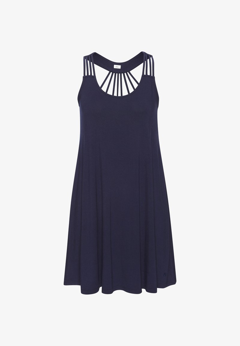 Sleeveless navy blue dress with flowy skirt and multiple thin straps connecting neckline to shoulders and upper back.