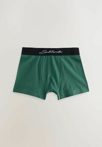 Grüne Boxershorts aus weichem Stoff, mit einem schwarzen elastischen Bund, auf dem vorne der weiße Text "Abonnieren" gestickt ist.