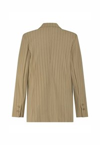 Beige blazer met krijtstreep, met een notch lapel, lange mouwen en knoopcuffs. Bevat een rugventilatie en een gladde stofstructuur.