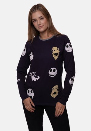 Long-sleeve, navy sweatshirt featuring various character prints in white and gold. Crew neck, soft texture, and relaxed fit.