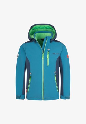 Blaue und marinefarbene Softshelljacke für Kinder mit grünem Futter, Kapuze, grünen Reißverschlüssen und norwegischen Flaggen-Patches an den Ärmeln und am Saum.