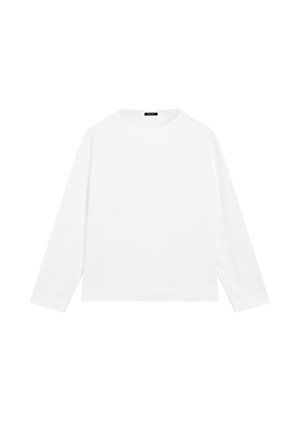 Weißes Sweatshirt mit Rundhalsausschnitt und langen Ärmeln, geradem Saum und kleinem schwarzem Etikett am Halsausschnitt vor einfachem Hintergrund.