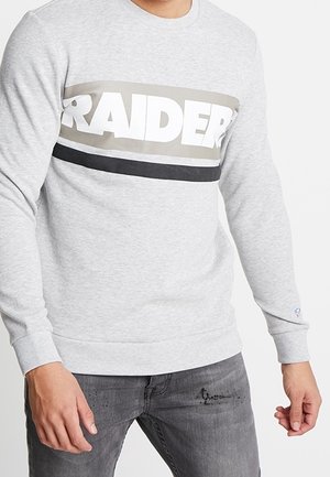 Sweatshirt gris avec un grand graphisme "RAIDER" en blanc et une bande rayée noire et grise. Manches et taille côtelées, texture douce.