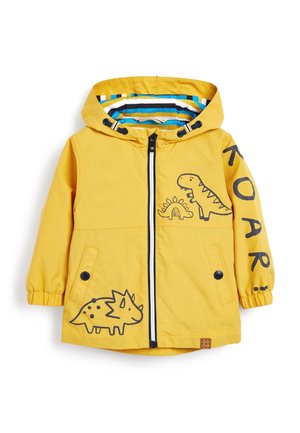 Veste imperméable jaune pour enfants avec des imprimés de dinosaures, dotée d'une fermeture éclair à l'avant, de deux poches latérales et d'une doublure intérieure rayée.