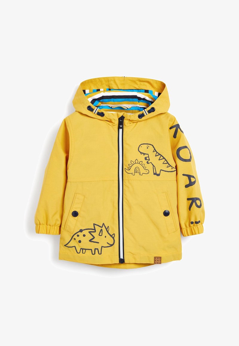 Veste imperméable jaune pour enfants avec des imprimés de dinosaures, dotée d'une fermeture éclair à l'avant, de deux poches latérales et d'une doublure intérieure rayée.
