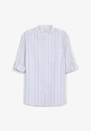 White long-sleeve button-up shirt with thin vertical gray stripes, mandarin collar, rolled cuffs, and a chest pocket with a button.