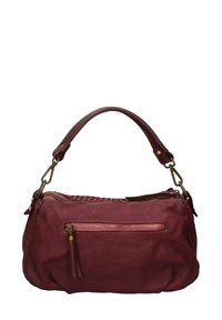 Sac à main en cuir bordeaux avec une poignée courbée, texture tissée sur le dessus et une poche zippée à l'avant. Présente des accessoires en métal doré.