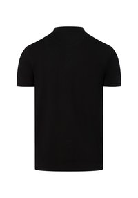 Schwarzes Polo-Shirt mit kurzen Ärmeln und Kragen, aus glattem Stoff gefertigt. Hat ein schlichtes Rückendesign und einen geraden Saum.