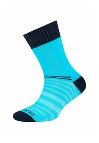Hellblaues Socke mit einem dunkelblauen gerippten Bündchen. Sie hat horizontale Streifen in verschiedenen Blautönen. Hergestellt aus einem flexiblen Material.