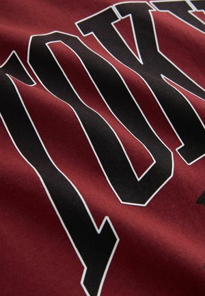 Kaštanová látka s velkými černými blokovými písmeny ohraničenými bílou, která tvoří slovo "YORK" přes celý povrch.