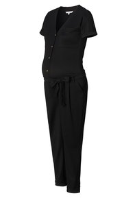 Svart graviditets jumpsuit med korte ermer, knapplukking foran, brystlommer, stoffbelte i midjen og smale bukseben.