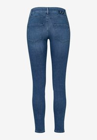 Jean skinny en denim bleu foncé, avec une taille mi-haute, un design cinq poches et un subtil détail de couture à l'arrière près de la ceinture.